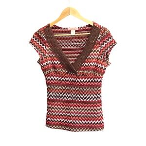 Y2K L.E.I. Life Energy Intelligence Zig Zag Knit Top Boho Whimsigoth Brown Pink